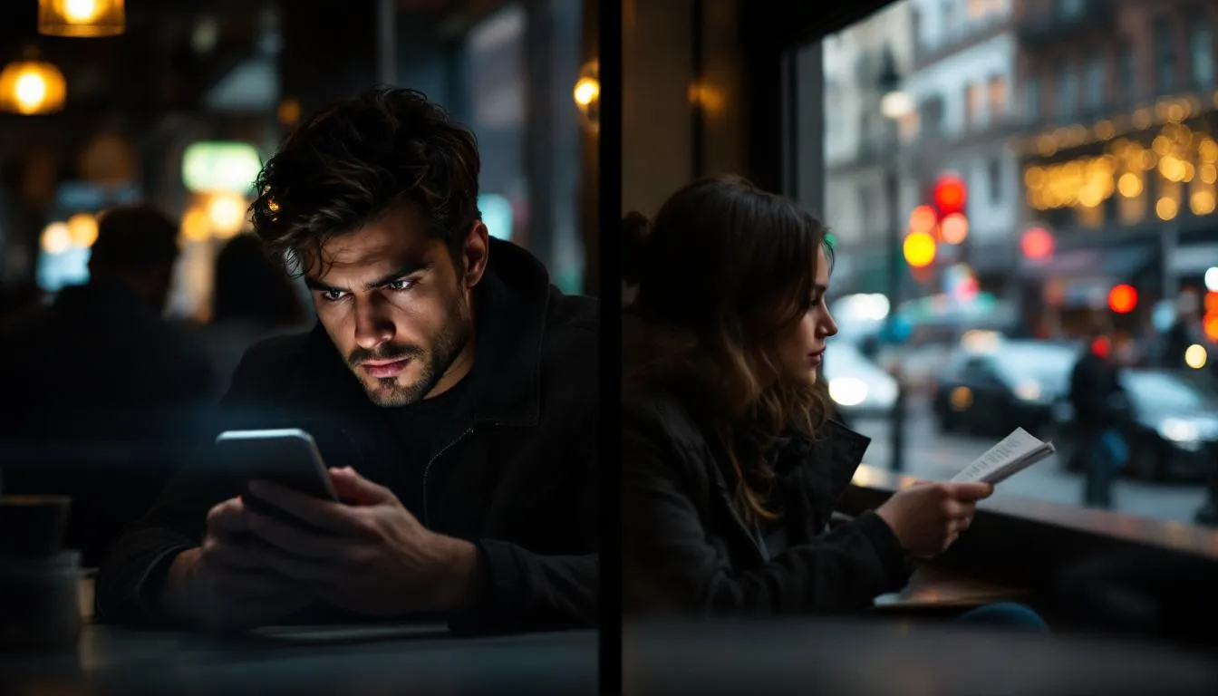 In this stylized split-screen image, one side captures a person intently focused on their smartphone or laptop at a SoHo café, while their partner looks out the window, embodying emotional distance in their relationship. The contrasting expressions highlight the pursuer distancer dynamic, illustrating a common pattern in intimate relationships where one partner seeks connection and the other feels disconnected amidst the bustling NYC street life outside.