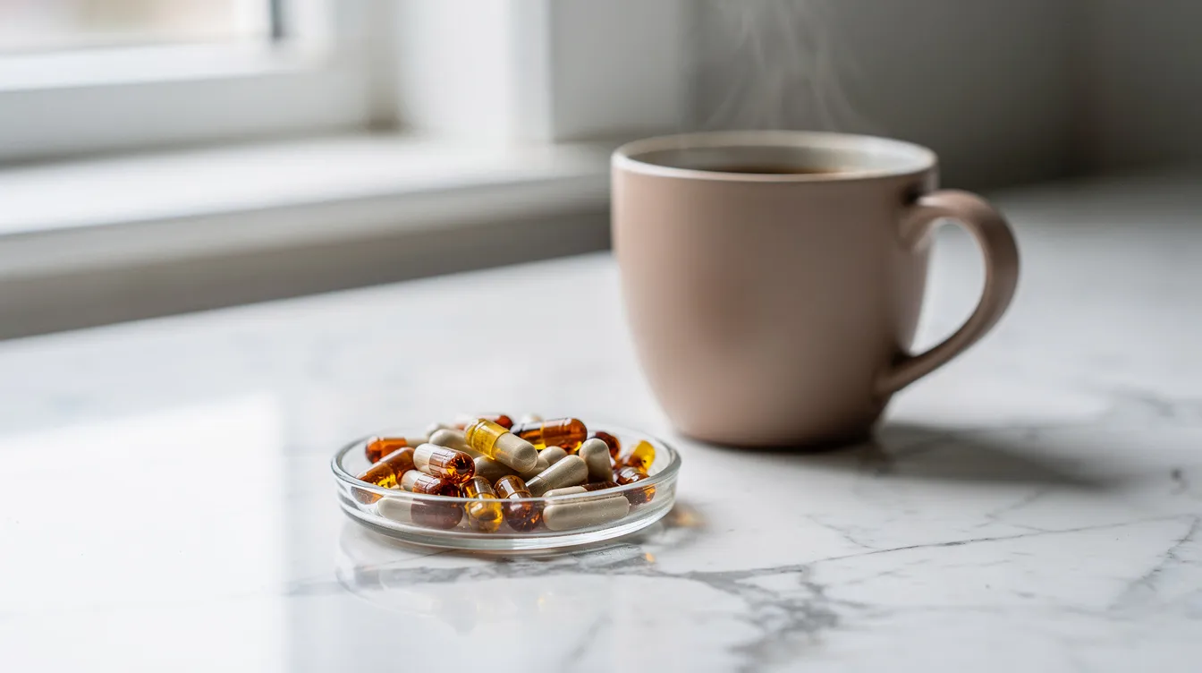 The image shows a collection of supplement capsules neatly arranged next to a steaming cup of coffee on a polished marble countertop, suggesting a morning routine that may support cognitive function and mental clarity, possibly featuring ingredients like ashwagandha and lion's mane for stress management and improved focus.