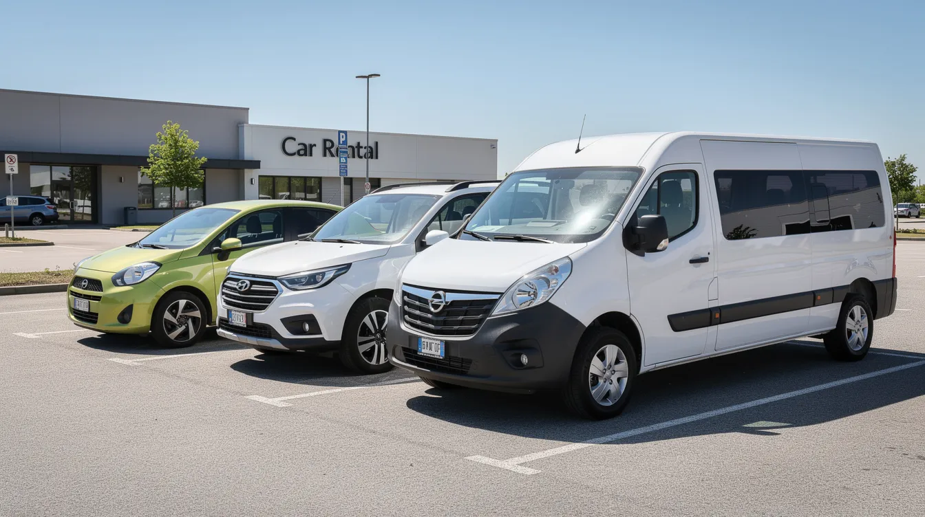 طوموبيل صغيرة، SUV وطوبيس صغير واقفين حدا بعضياتهم.