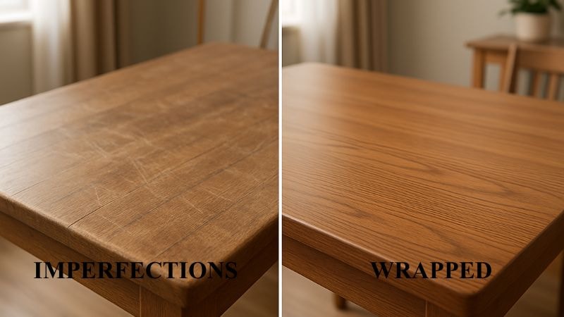 Before of a table with scratches and after of same table after wrapping