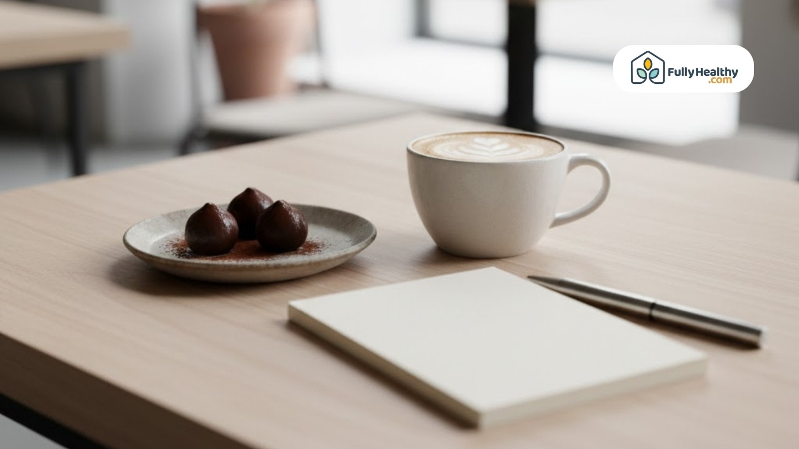 Plate of chocolate truffles with coffee cup notepad and pen on wooden table