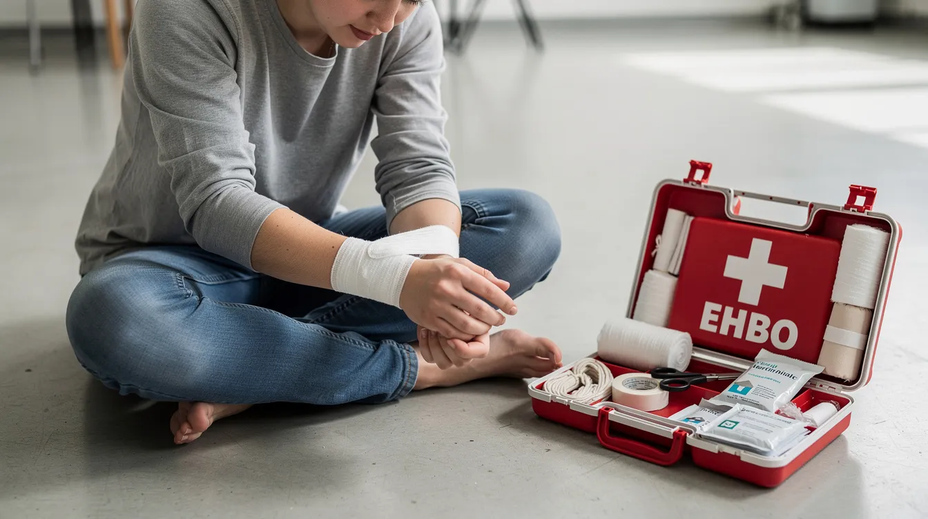 Een persoon oefent het aanleggen van een verband en heeft een EHBO-kit naast zich liggen, wat wijst op de voorbereiding op mogelijke noodsituaties. Deze vaardigheid is nuttig in situaties zoals ongevallen of rampen, waar eerste hulp essentieel is voor zelfredzaamheid en bescherming van dierbaren.