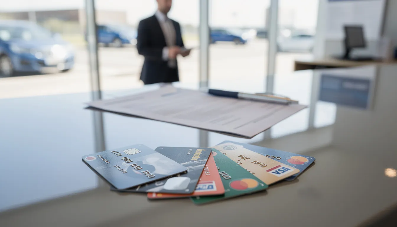 Des cartes bancaires, incluant des cartes de crédit et de débit, sont posées sur un comptoir d'agence de location de voiture, prêtes à être utilisées pour la location d'un véhicule lors d'un road trip en France. Ce décor évoque les étapes de la prise en charge d'une voiture de location pour des vacances ou un séjour.