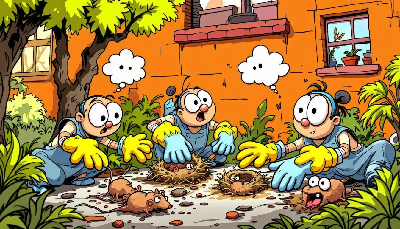 An illustration showing the proper handling of dead rodents and nests in a safe manner.