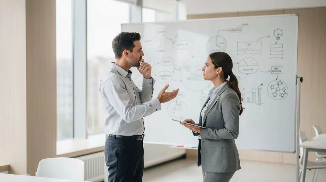 Deux professionnels échangent des idées stratégiques dans un bureau lumineux, avec un tableau blanc en arrière-plan. Cette image d’illustration de l'article reflète l'importance du coaching et du développement au sein d'une équipe pour favoriser la croissance et la performance des collaborateurs dans le cadre d'une PME.
