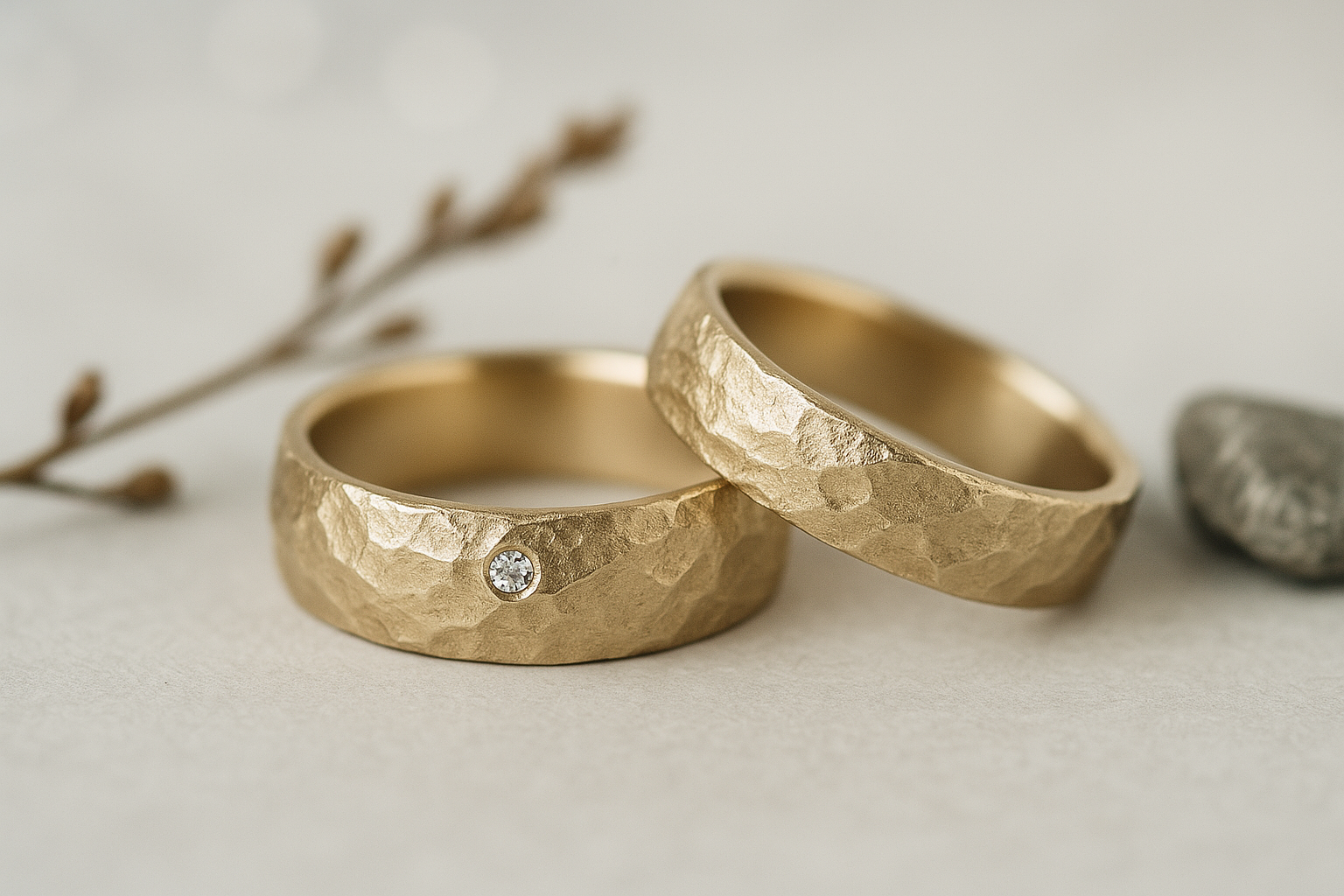 Mäestiku faktuuri pinnaga pulmasõrmused heledal taustal