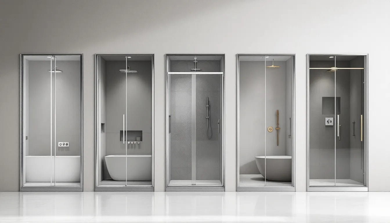 A variety of shower enclosures with glass doors.