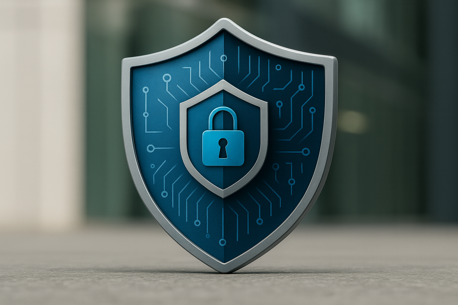 3D-rendered blue security shield with padlock icon and circuit board pattern, symbolizing cybersecurity and digital data protection.