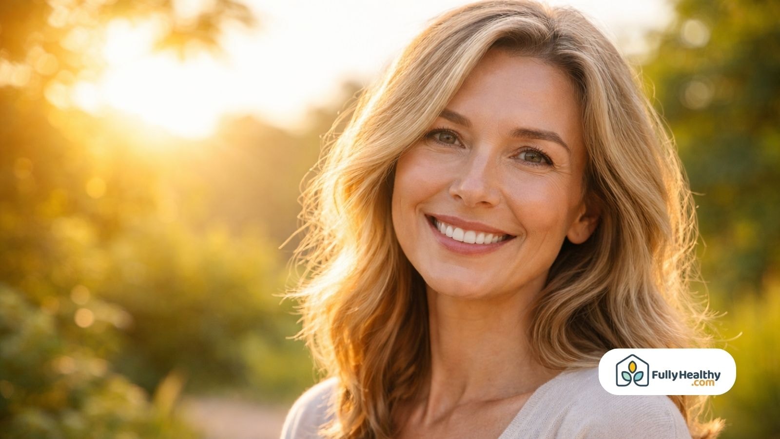 Smiling middle aged woman outdoors symbolizing healthy aging benefits