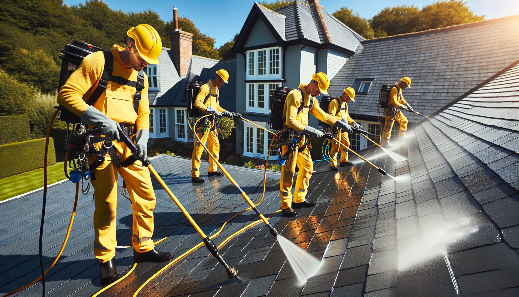 Illustration of a professional roof cleaning service in action