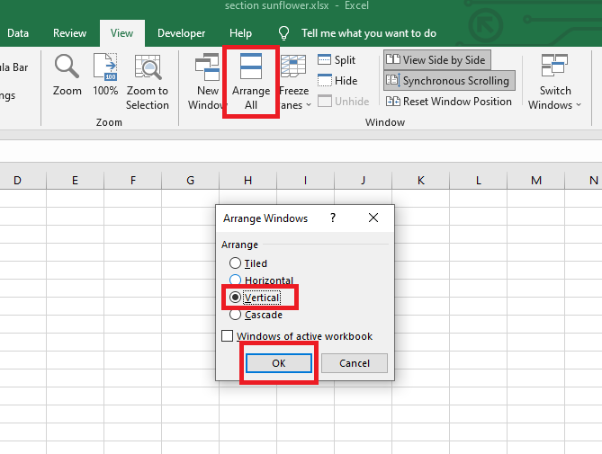 Enable synchronous scrolling to scroll the worksheets simultaneously in two Excel workbooks.