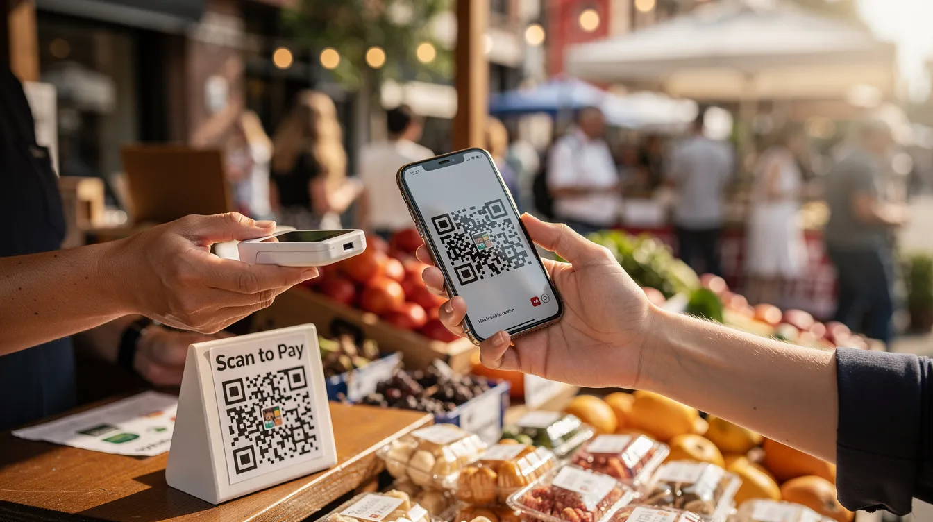 A person is at a small market stall using their mobile wallet to pay for goods by scanning a QR code on their phone. This convenient payment method allows for easy transfers, making it simple to send money abroad or transfer money to Pakistan quickly.