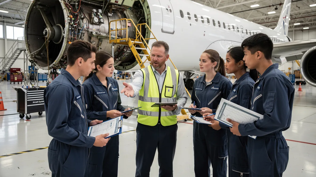 A group of students is gathered in a hangar, actively reviewing aircraft maintenance tasks with a mentor, gaining hands-on experience in the aviation industry as part of their internship program. The scene highlights their engagement in maintenance operations and the collaborative effort to prepare for upcoming maintenance on various aircraft types.