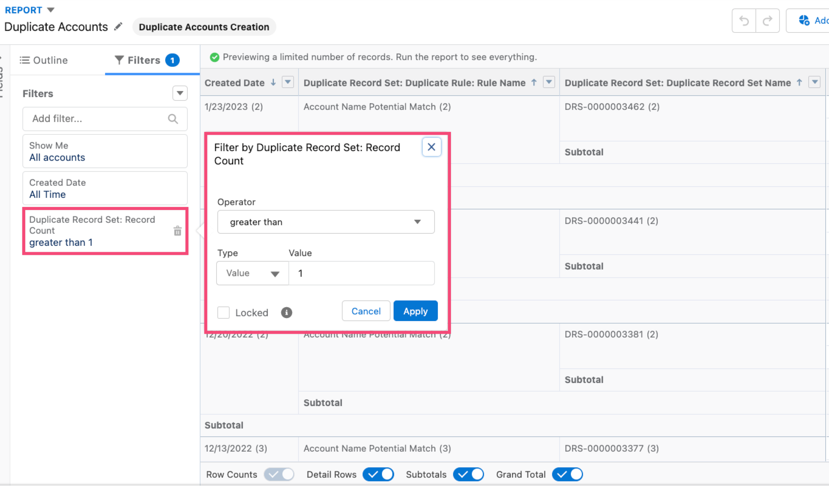 Screenshot of which report filters to add a Salesforce Duplicate Report