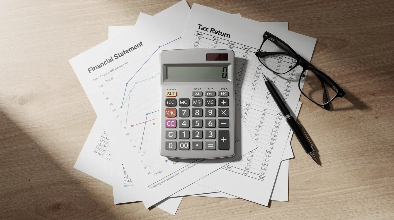 The image shows a calculator resting on a stack of financial statements and tax documents, all placed on a wooden desk, suggesting a focus on calculating adjusted gross income and understanding Medicare premiums. This setup indicates the importance of financial planning, particularly for retirees managing their medical insurance costs and tax obligations.