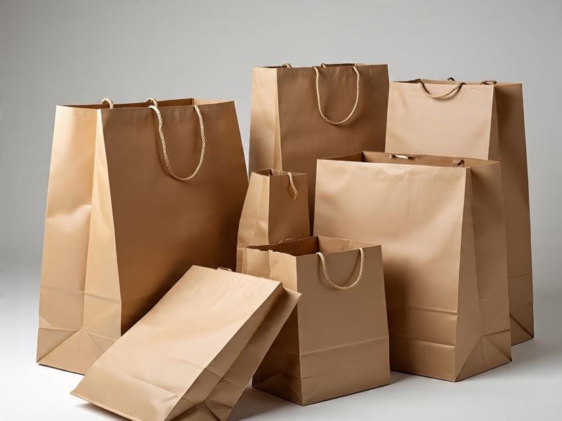 An image of different sizes of brown paper bags with twisted rope handles placed together on a flat surface. 