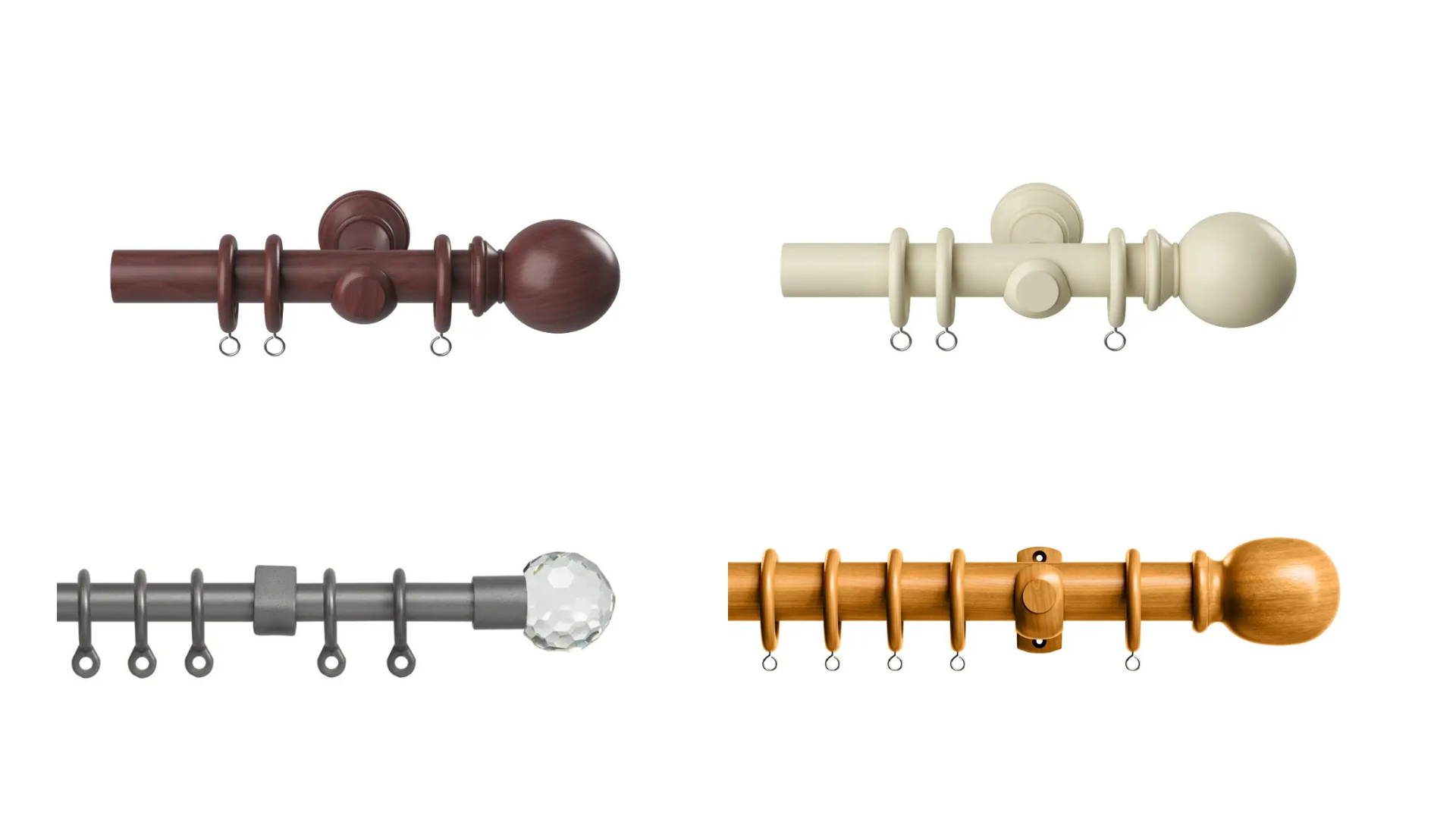 Wooden and plastic curtain poles with ball finials in cream, dark oak and ash wood, and in grey with an cut-glass-style acrylic ball 