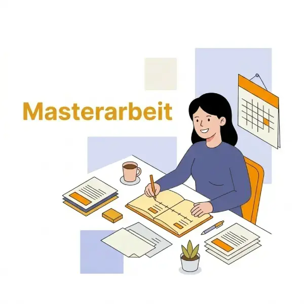 Isometrische Illustration einer Studentin, die konzentriert in ein Notizbuch schreibt. Auf dem aufgeräumten Schreibtisch stehen Kaffee, Aktenstapel und eine Pflanze. Ein Wandkalender im Hintergrund zeigt markierte Termine. Text oben: „Masterarbeit“.