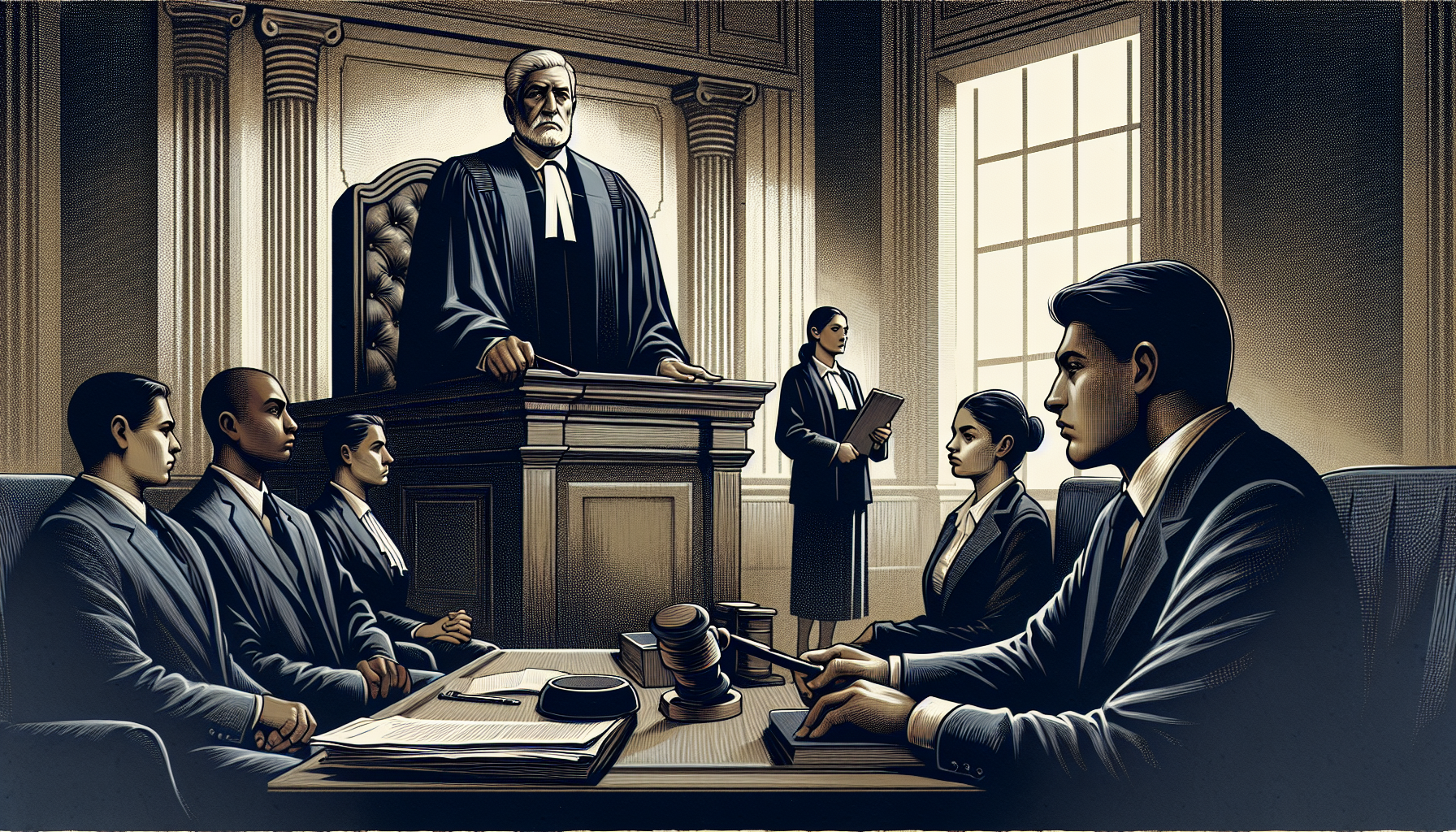 Illustration of a courtroom with a judge, a defendant, and a lawyer