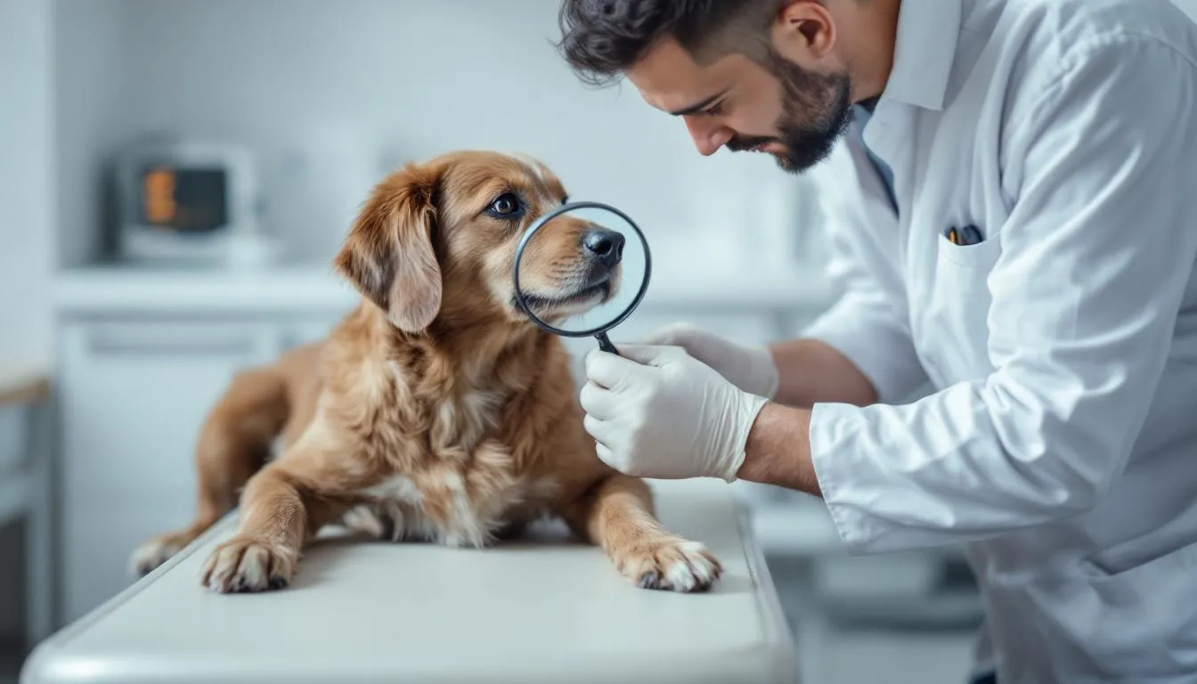 A veterinarian is closely examining a dog