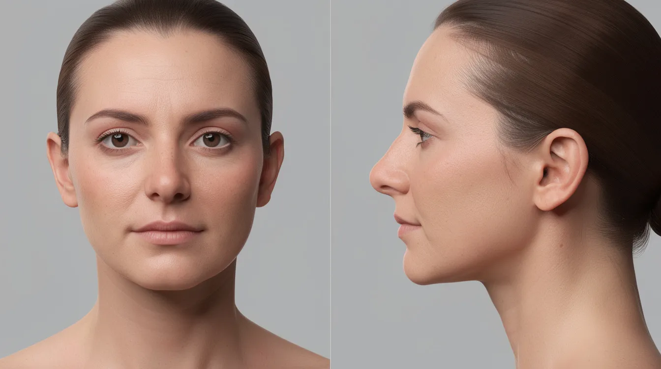 The image shows a person viewed from both the front and side, illuminated by soft clinic lighting, highlighting their natural nasal profile. The focus is on the nasal tip, which displays noticeable improvements in its shape, suggesting a refined appearance, possibly achieved through a non-surgical nose job or liquid rhinoplasty.