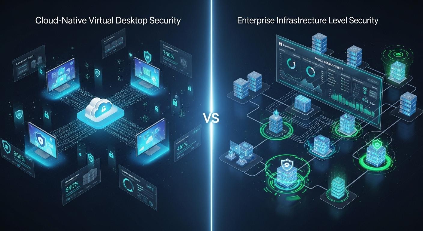 Split-screen cybersecurity visualization comparing cloud-native virtual desktop security with enterprise infrastructure-level security controls and policy management.