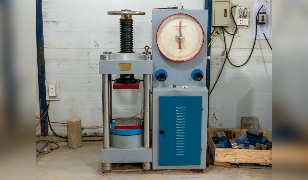 A hydraulic compression testing machine applying force to a test specimen