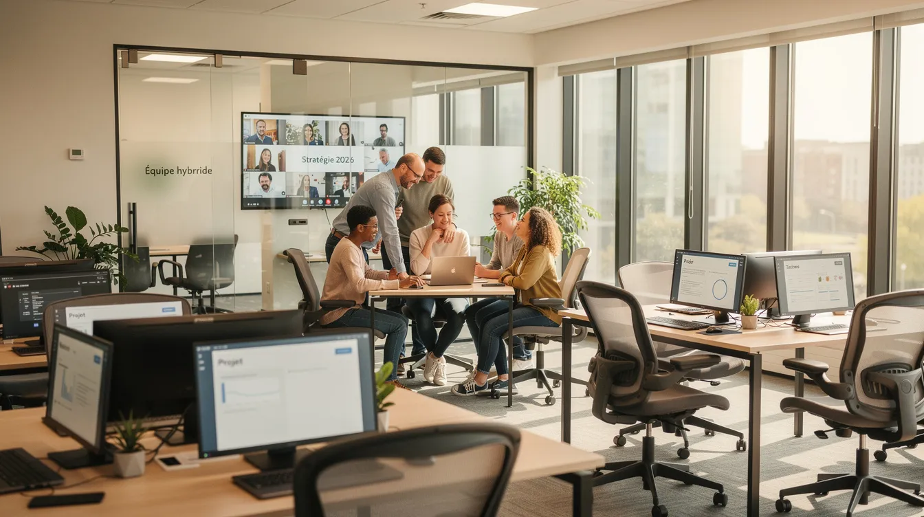 Une image d'un espace de travail hybride moderne montre plusieurs postes vides, tandis que des employés collaborent ensemble, illustrant l'importance de la prise de décision collective dans un environnement professionnel. Les personnes échangent des idées, faisant face à des défis quotidiens tout en travaillant vers des objectifs communs.