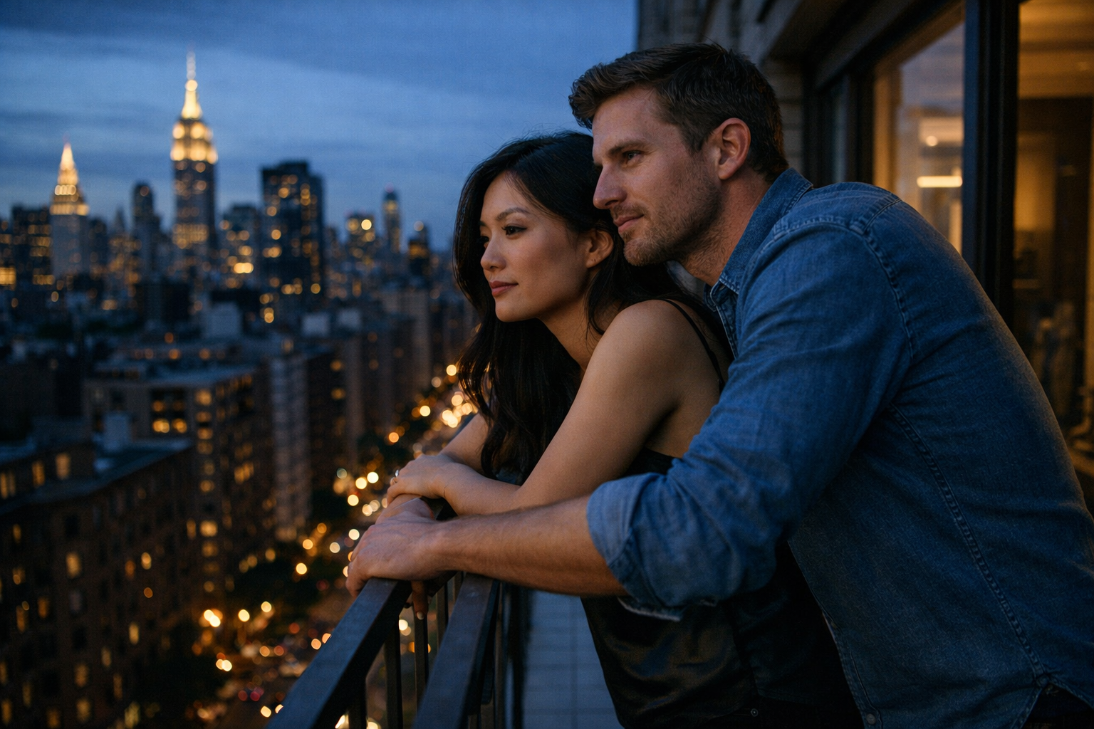Higher-income Asian and white couple standing on a small Gramercy balcony overlooking Manhattan, leaning on the railing side by side in quiet reflection as they consider their future after an affair.