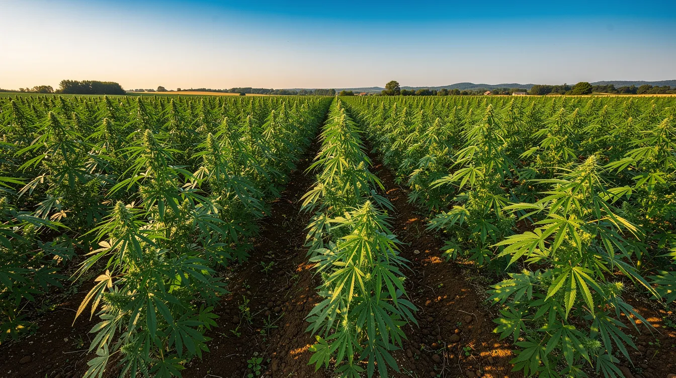 The image depicts a vast rural field filled with lush green industrial hemp plants, thriving under a clear blue sky. This scene highlights the agricultural aspect of cannabis sativa, showcasing its potential for hemp derived products and the ongoing industrial hemp research in Delaware.