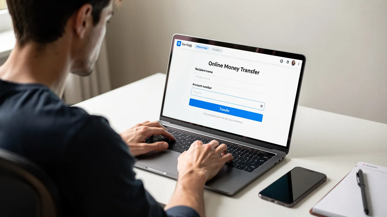 A person is seated at a laptop, focused on completing an online money transfer form, likely for international money transfers. The scene captures the process of sending money securely, possibly through money transfer services like Meezan Bank, emphasizing the ease and speed of transactions.
