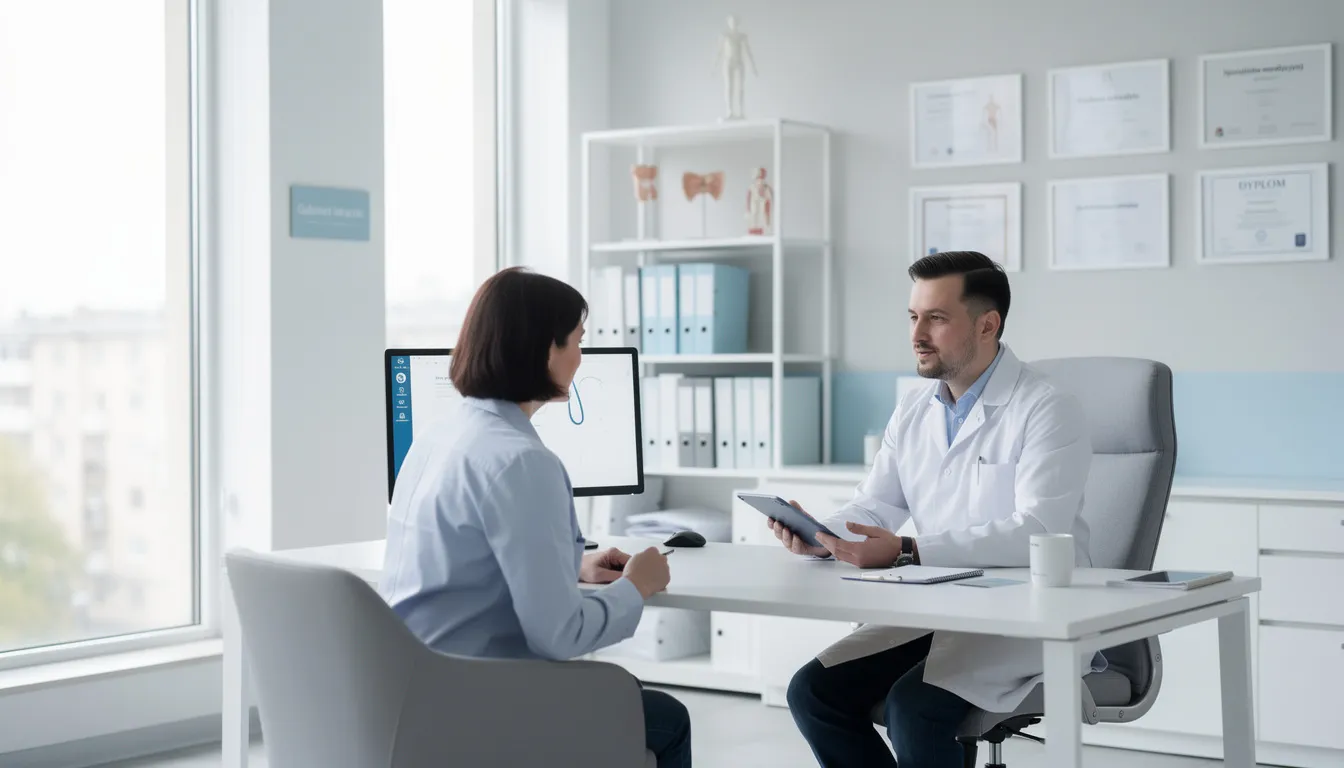 Na zdjęciu przedstawiona jest profesjonalna konsultacja lekarska w nowoczesnym gabinecie medycyny estetycznej, gdzie lekarz omawia z pacjentem zabieg laserowego zamykania naczynek na nogach. W tle widać sprzęt do laseroterapii, a atmosfera jest przyjazna i komfortowa.