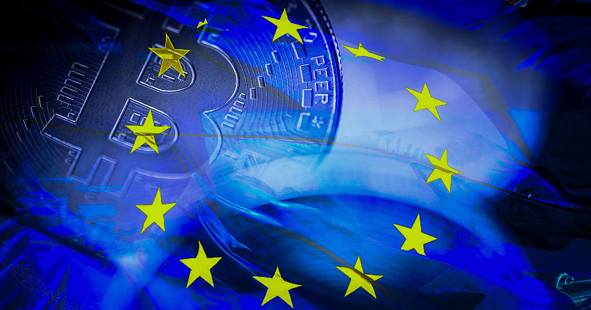 Illustration of Bitcoin logo with EU flag