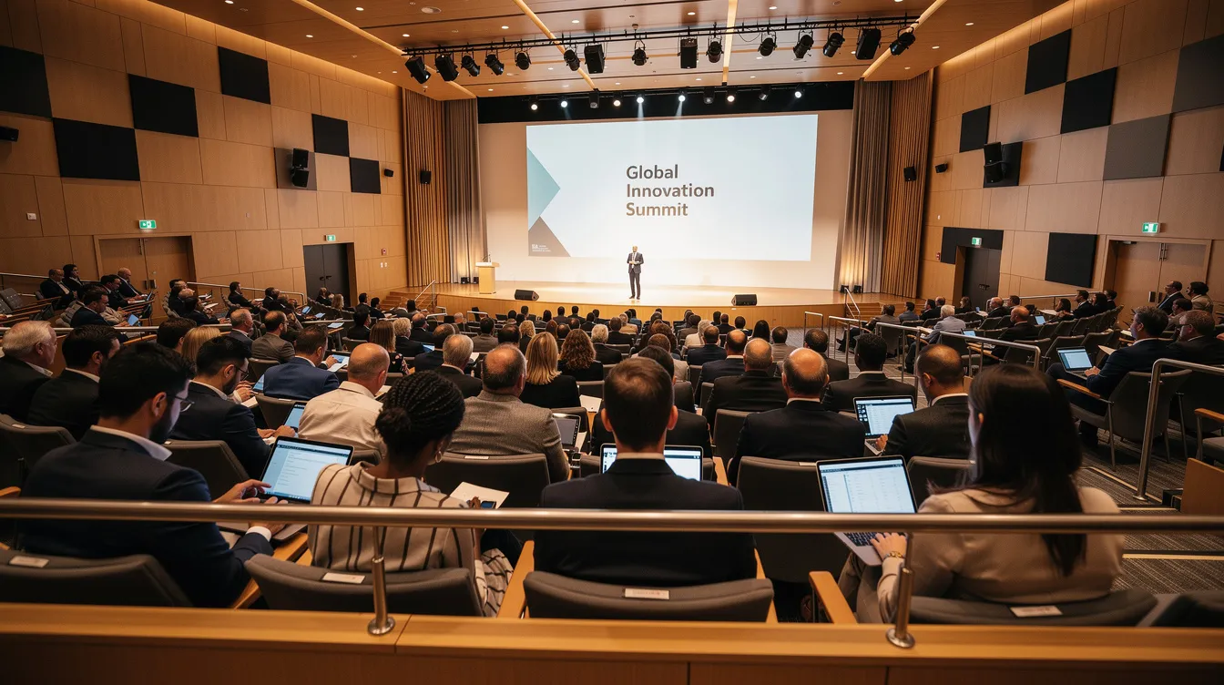 A diverse group of professionals is gathered in a modern auditorium, attentively listening to a leadership keynote speaker who is sharing valuable insights on leadership skills and emotional intelligence. The audience, comprising senior leaders and team members, is engaged in discussions about actionable strategies for enhancing organizational health and employee engagement.