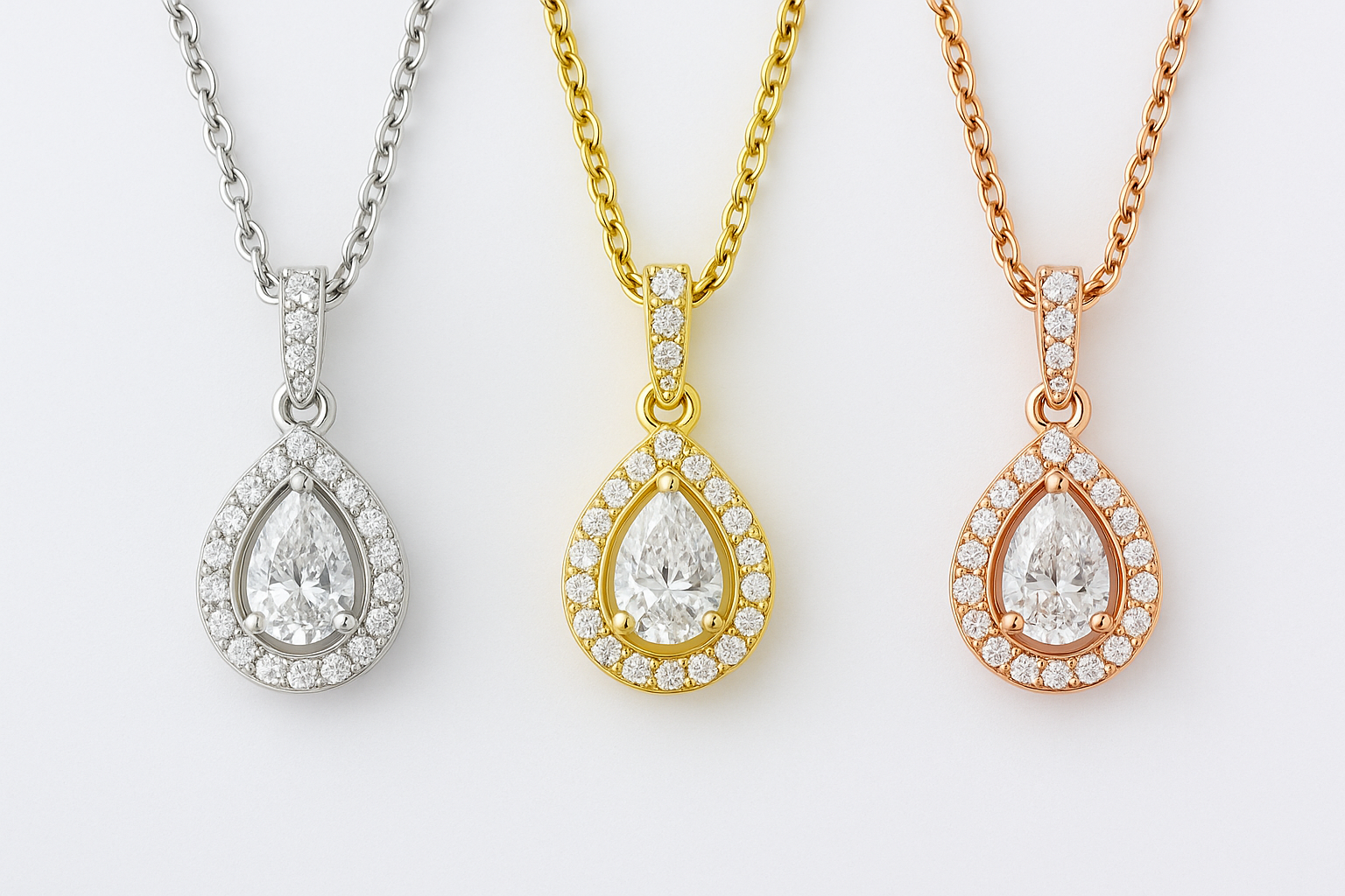 Skirtingų aukso spalvų pakabukai su deimantais – baltas auksas, geltonas auksas ir raudonas (rožinis) auksas – su grandinėlėmis ant balto fono, horizontali nuotrauka