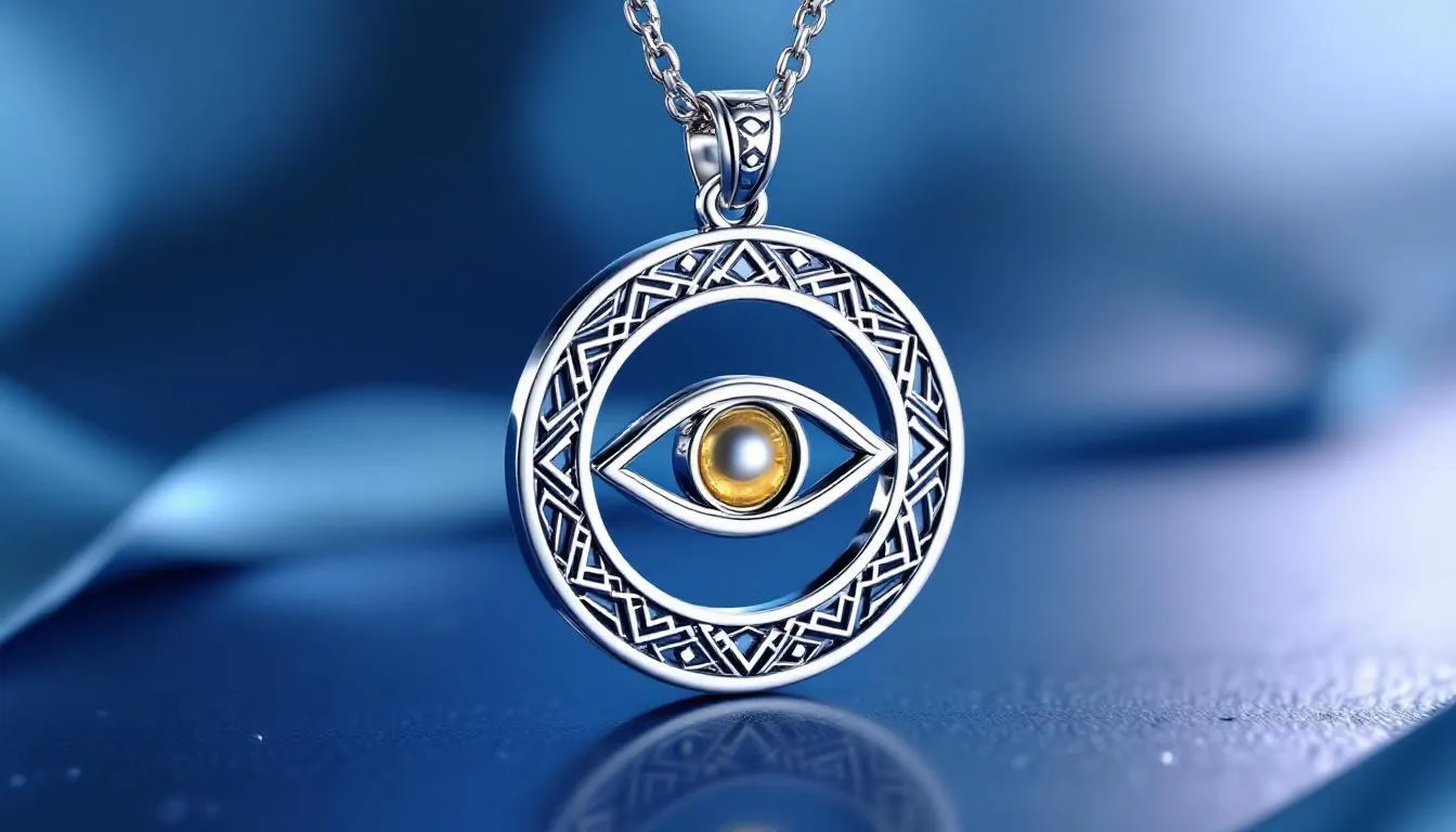 The image features a stylish all seeing eye necklace, crafted from sterling silver, showcasing an intricate eye pendant that symbolizes protection against negative energy and evil spirits. This elegant piece serves as a meaningful gift, embodying insight and safeguarding the wearer.