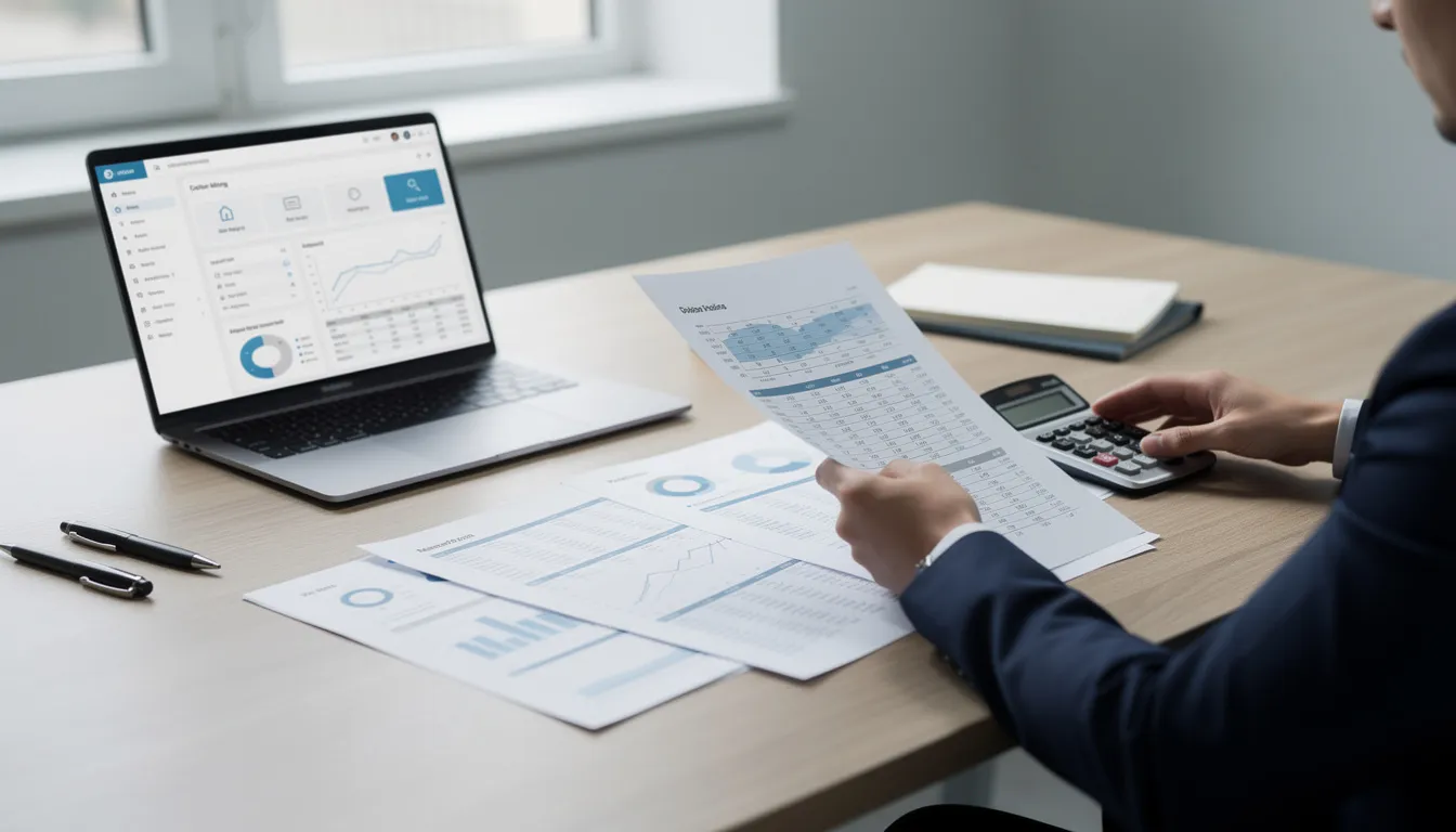 Un profesional revisa documentos financieros en un escritorio, acompañado de una laptop y una calculadora, mientras analiza el proceso de solicitud para la visa EB-5 y la obtención de la tarjeta verde. La imagen refleja un ambiente de trabajo enfocado en la inversión y la creación de empleo en Estados Unidos.