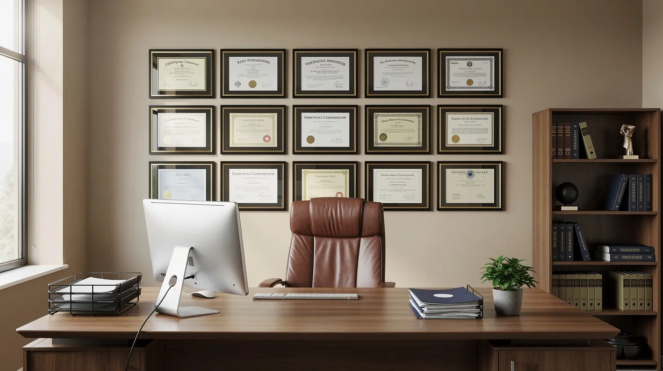 The image depicts a professional office environment featuring a wall adorned with diplomas and certificates, showcasing achievements in the consumer services sector. This setting reflects a commitment to excellence in customer service and career development within various consumer services jobs.