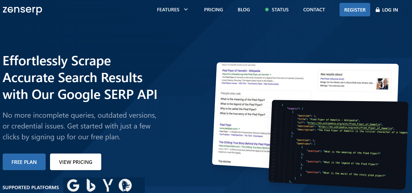 home page of the zenserp web scraping api