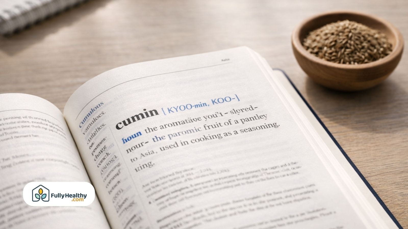 Dictionary page showing cumin pronunciation beside bowl of seeds