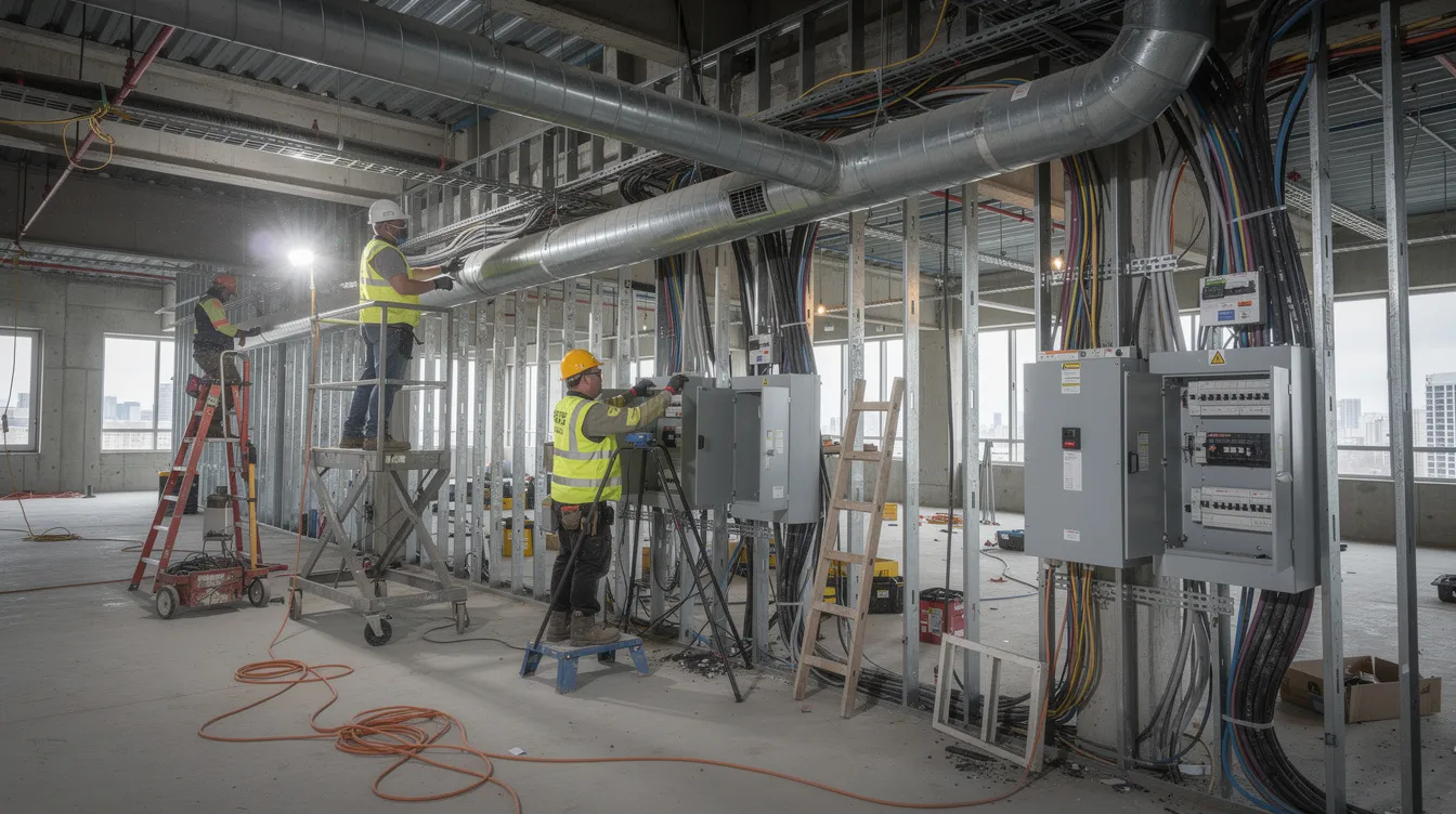 The image depicts construction electricians working diligently to install large-scale electrical conduit and wiring in a commercial building under construction in Central Texas. This scene highlights the skilled tradespeople involved in critical infrastructure projects, such as data center construction, to meet the growing electricity demand in the region.