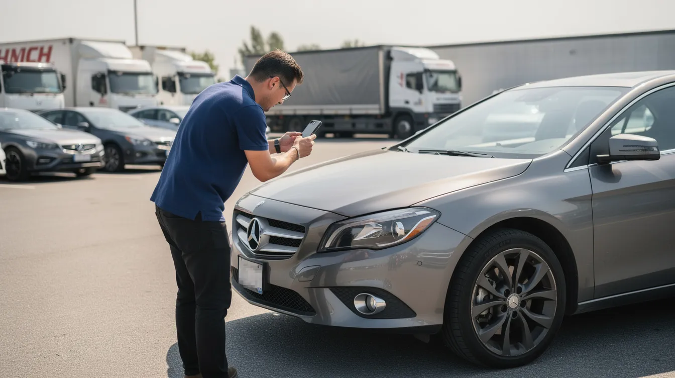 A person is taking detailed photographs of a vehicle's exterior in preparation for its upcoming auto transport. This step is essential for ensuring the vehicle's condition is documented before shipping, particularly for car shipping services that may involve luxury or classic cars.