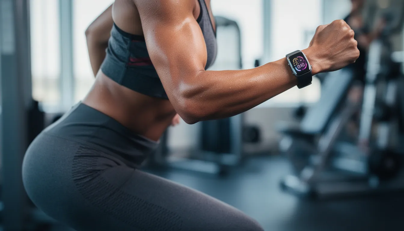 Eine Person trainiert im Fitnessstudio mit einem Fitness-Tracker am Handgelenk, während sie sich auf ihre Neujahrsvorsätze für mehr Sport und Fitnessziele konzentriert. Die Szene zeigt, wie wichtig Motivation und Zielsetzung für ein gesundes Leben sind.