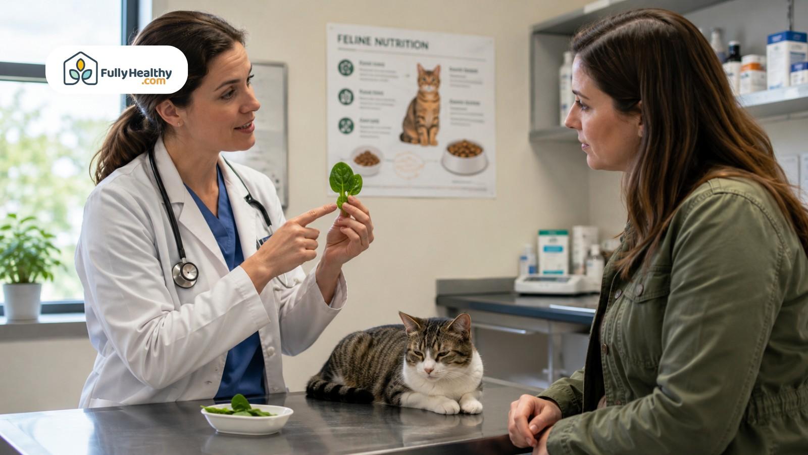 Veterinarian explaining spinach safety for cats during clinic consultation
