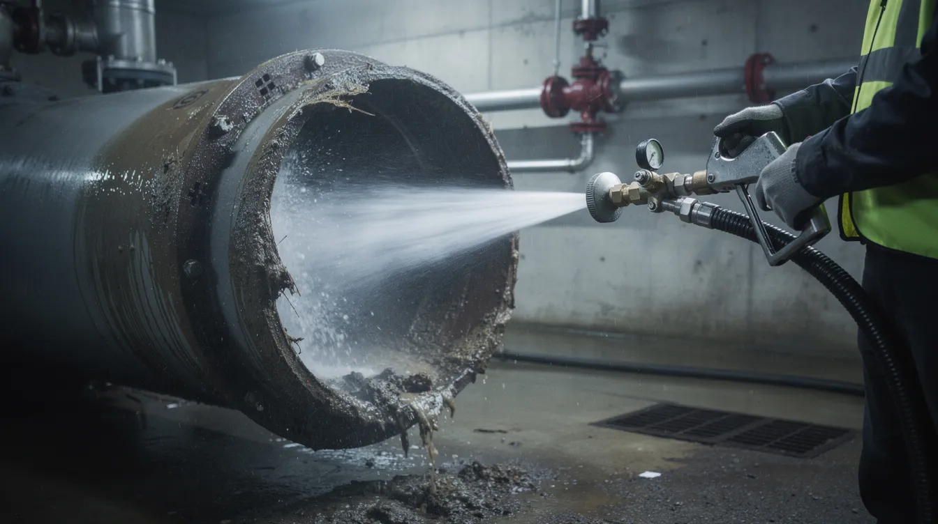 The image shows high-pressure hydro jetting equipment in action, spraying water to clear a clogged commercial drain line, a crucial part of maintaining a plumbing system. This advanced technology is essential for effective drain cleaning and addressing plumbing emergencies in commercial properties.