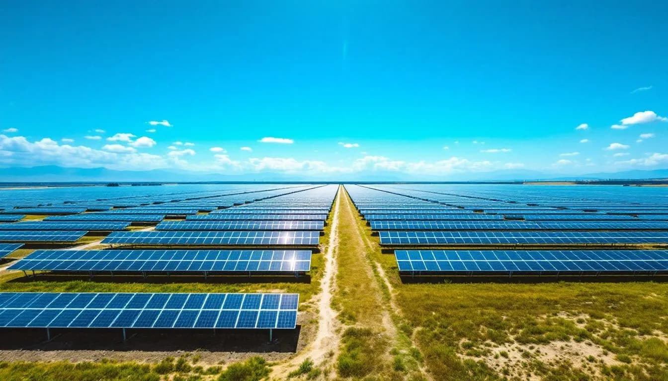 Das Bild zeigt ein großes Solarkraftwerk mit hunderten von Photovoltaikmodulen, die gleichmäßig auf einer freien Fläche angeordnet sind. Diese Photovoltaikanlage nutzt Sonnenstrahlung zur Stromerzeugung und trägt zur nachhaltigen Energieversorgung bei.