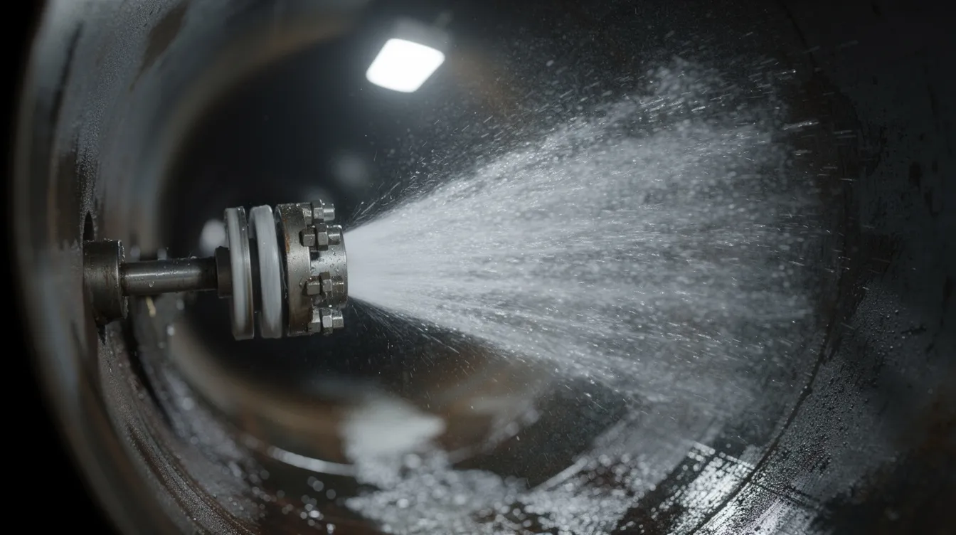 A close-up view of a high-pressure rotating water nozzle is shown, spraying water inside a dark pipe, illustrating the effective method of hydro jetting for drain cleaning services. This powerful tool is used by professional plumbers to tackle sewer issues and clear blockages in drain lines, ensuring optimal flow in plumbing systems.