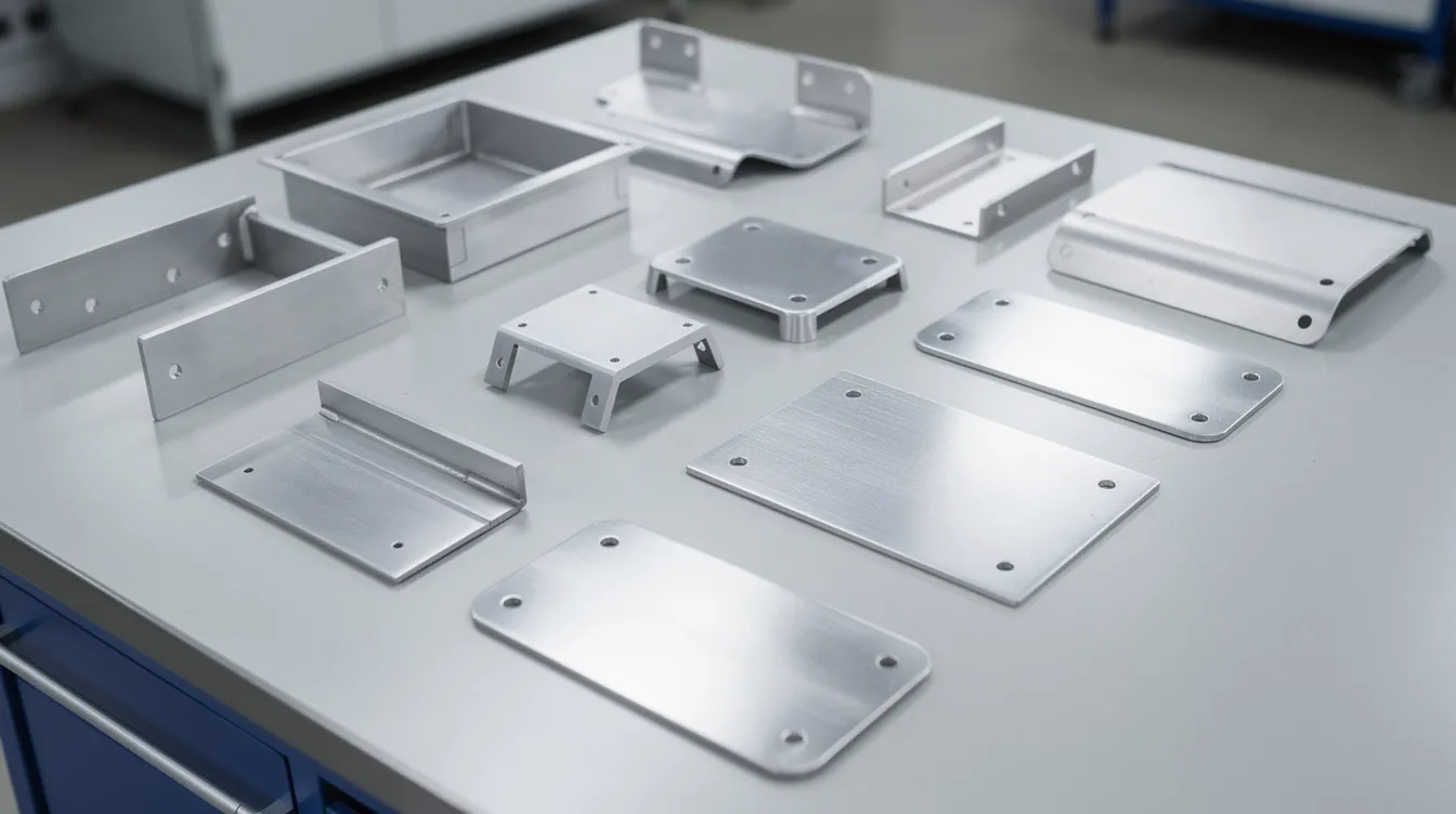The image depicts an array of finished bent sheet metal parts, including brackets, enclosures, and mounting plates, neatly arranged on a factory inspection table. These components showcase various bending processes and material types, highlighting the precision and accuracy achieved in metal bending.