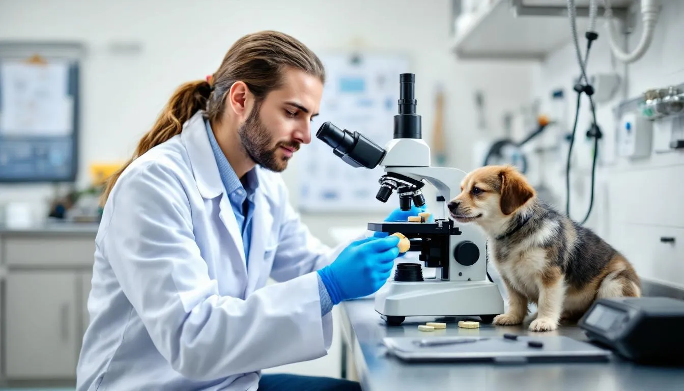 In the image, a veterinarian is closely examining a dog