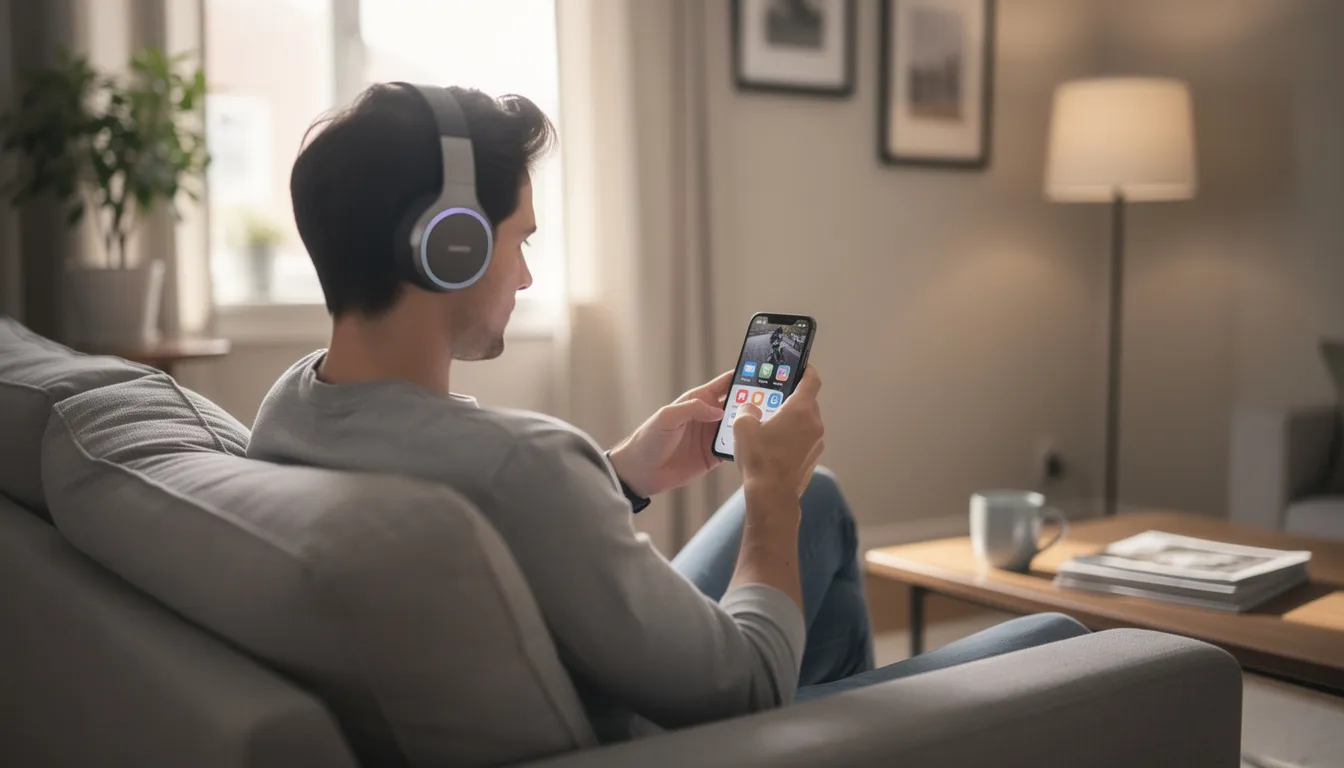 A person is sitting in a casual living room, wearing headphones and focused on a smartphone app, possibly a language learning app like Duolingo, while preparing to enhance their Spanish skills ahead of the Super Bowl halftime show featuring Bad Bunny. The cozy atmosphere suggests a relaxed environment for learning and enjoying music.